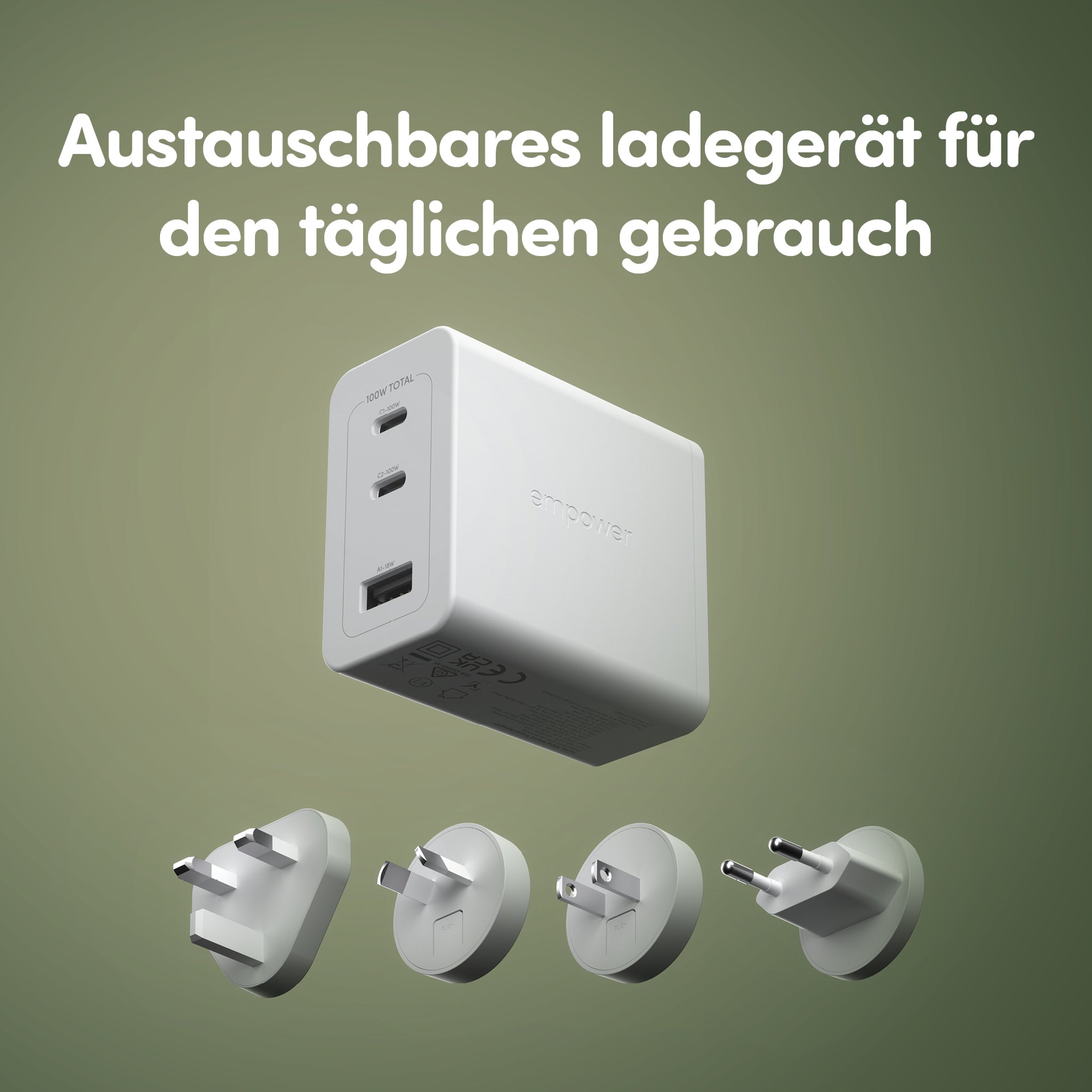 empower™ by PanzerGlass® Turbo 100W World Travel Adaptor inkl. 2 x USB-C + USB-A | Silber Weiß
