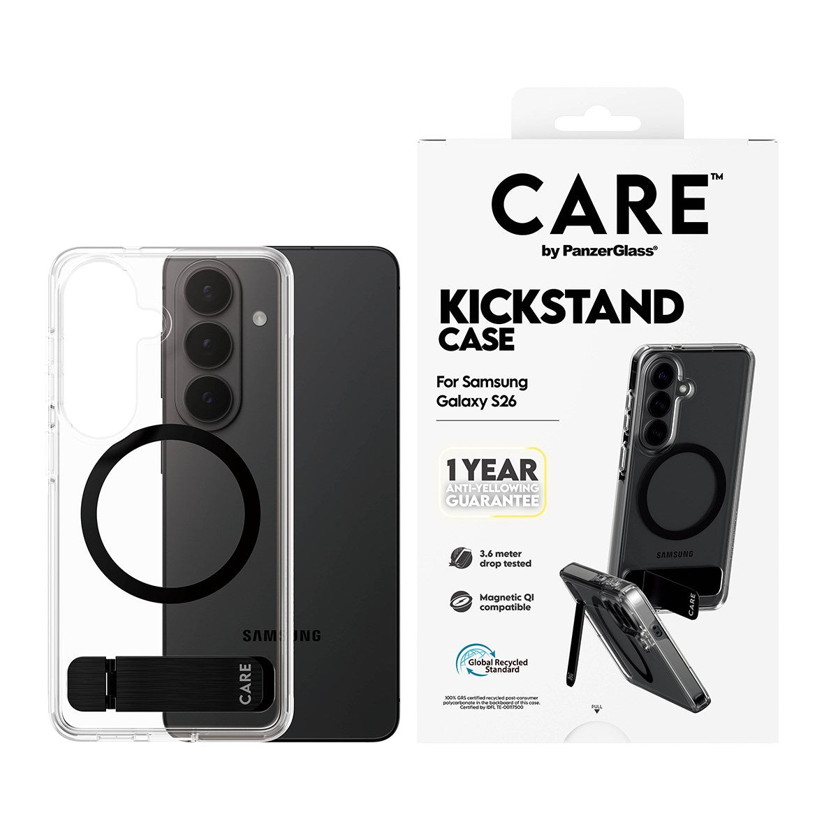 CARE™ by PanzerGlass® Urban Explorer Case Transparent m. Schwarz Kickstand & Qi Samsung Galaxy S26