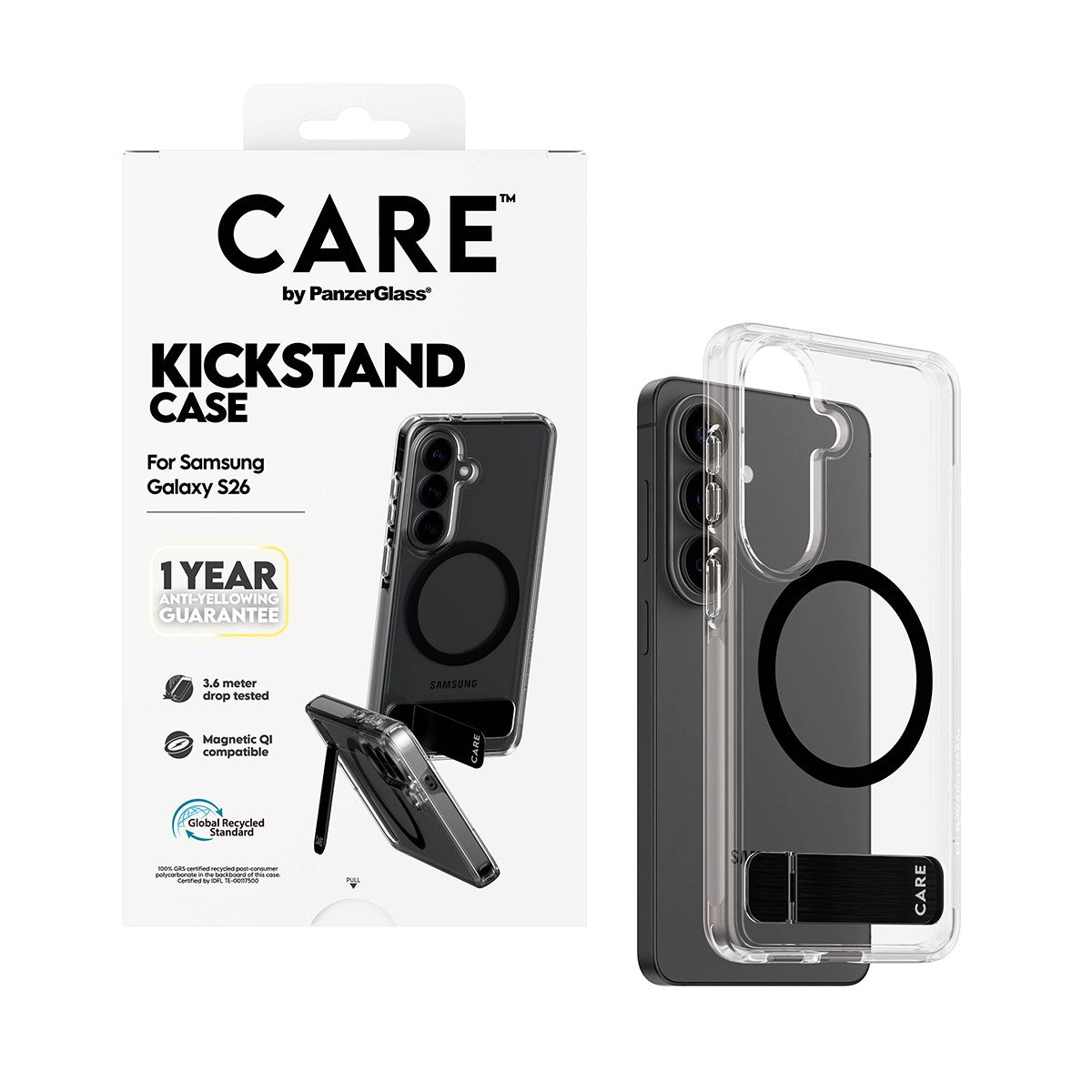 CARE™ by PanzerGlass® Urban Explorer Case Transparent m. Schwarz Kickstand & Qi Samsung Galaxy S26