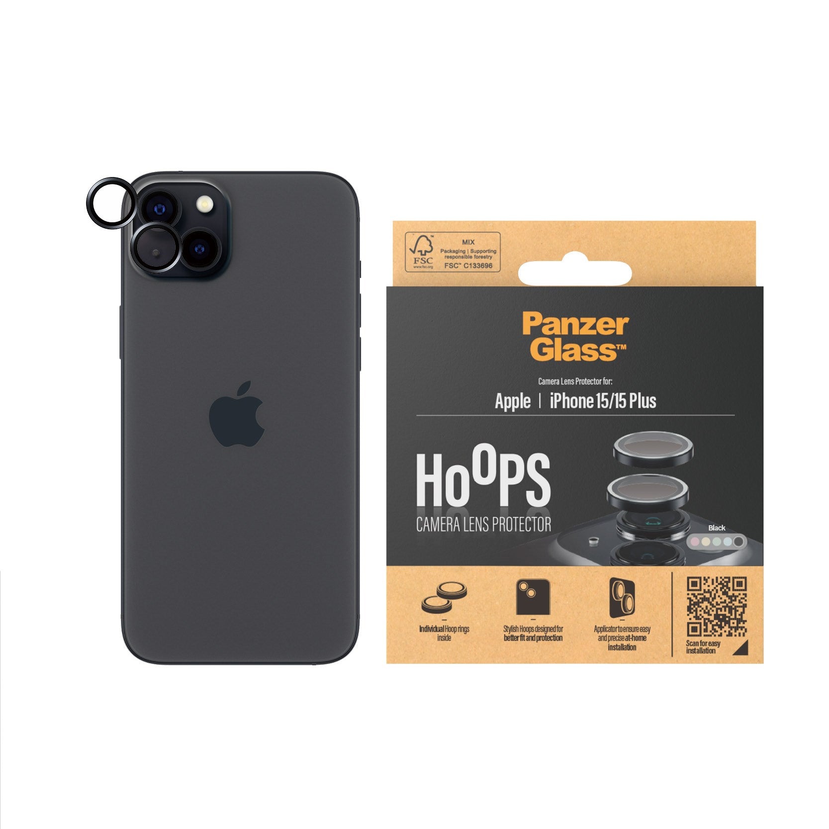 PanzerGlass® Hoops® Schwarz Kameraschutz for iPhone 15 | 15 Plus
