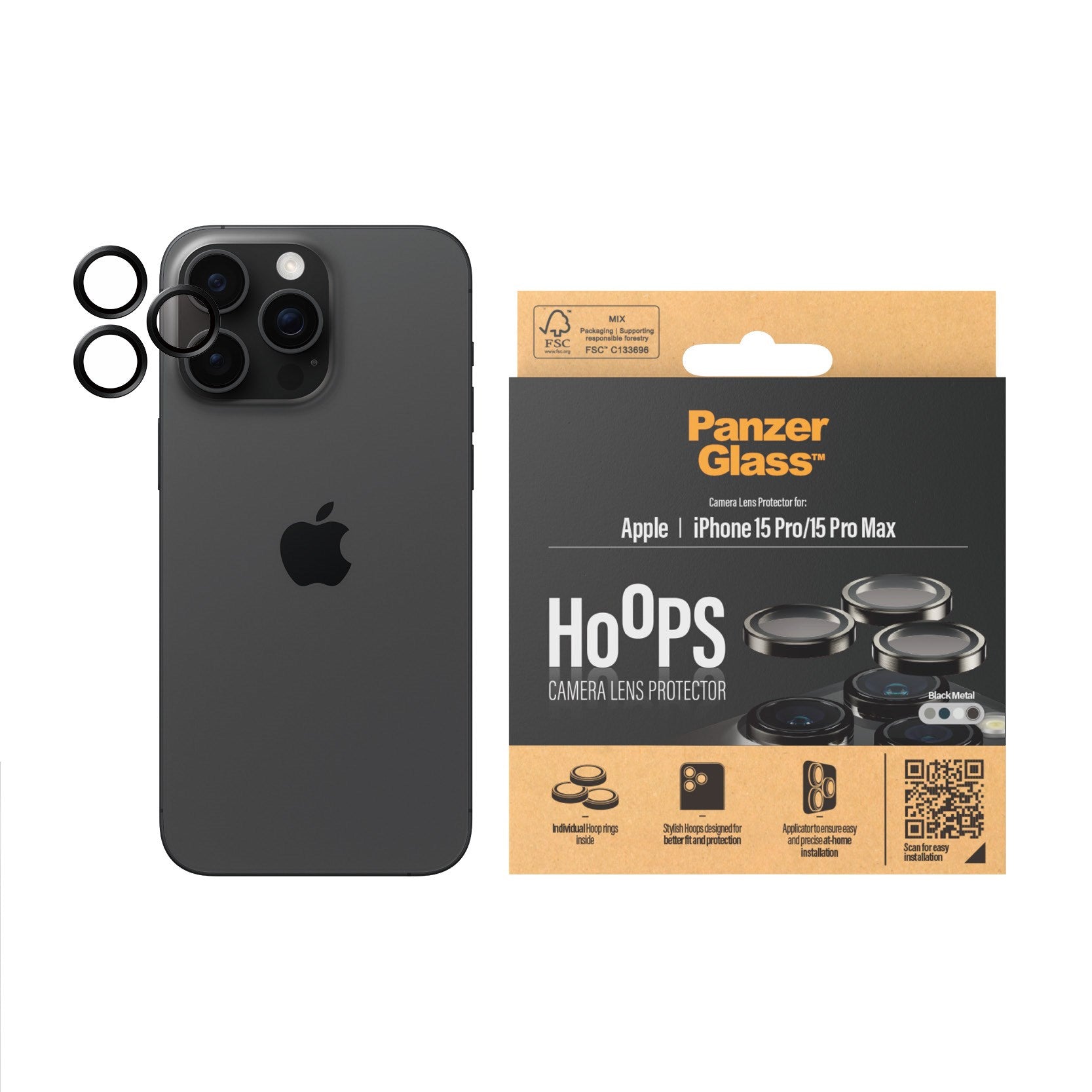 PanzerGlass® Hoops® Schwarzes Metall Kameraschutz iPhone 15 Pro | 15 Pro Max