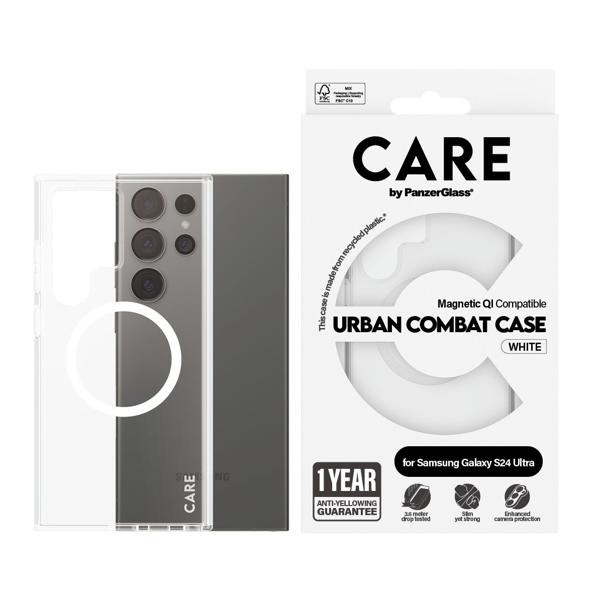 CARE by PanzerGlass® Flagship Case Transparent Urban Combat m. Weiß Qi Compatible Samsung Galaxy S24 Ultra