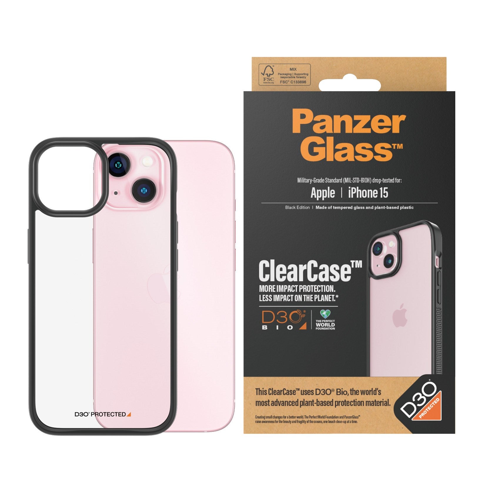 PanzerGlass® ClearCase Transparent m. Schwarz Rahmen & D3O® iPhone 15
