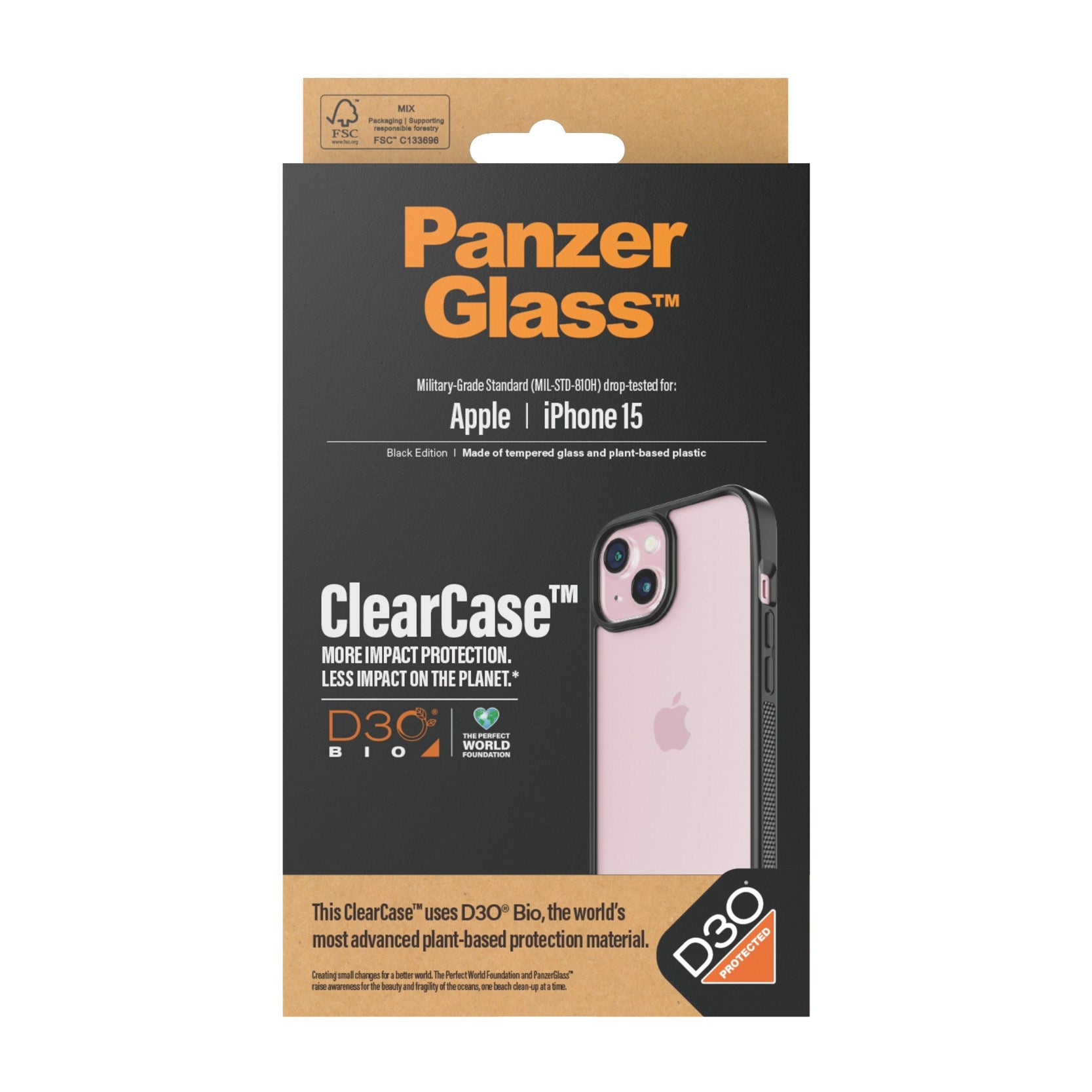 PanzerGlass® ClearCase Transparent m. Schwarz Rahmen & D3O® iPhone 15
