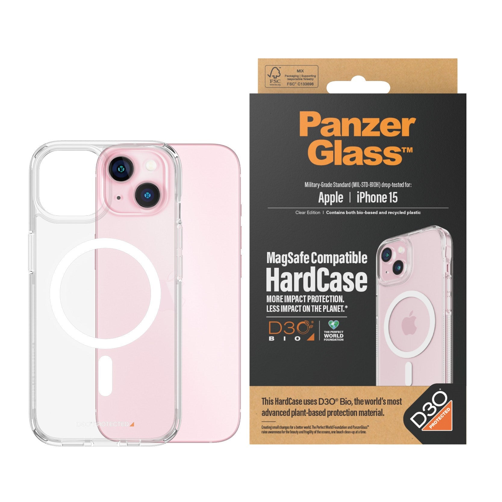 PanzerGlass® HardCase Transparent m. Weiss MagSafe & D3O® iPhone 15