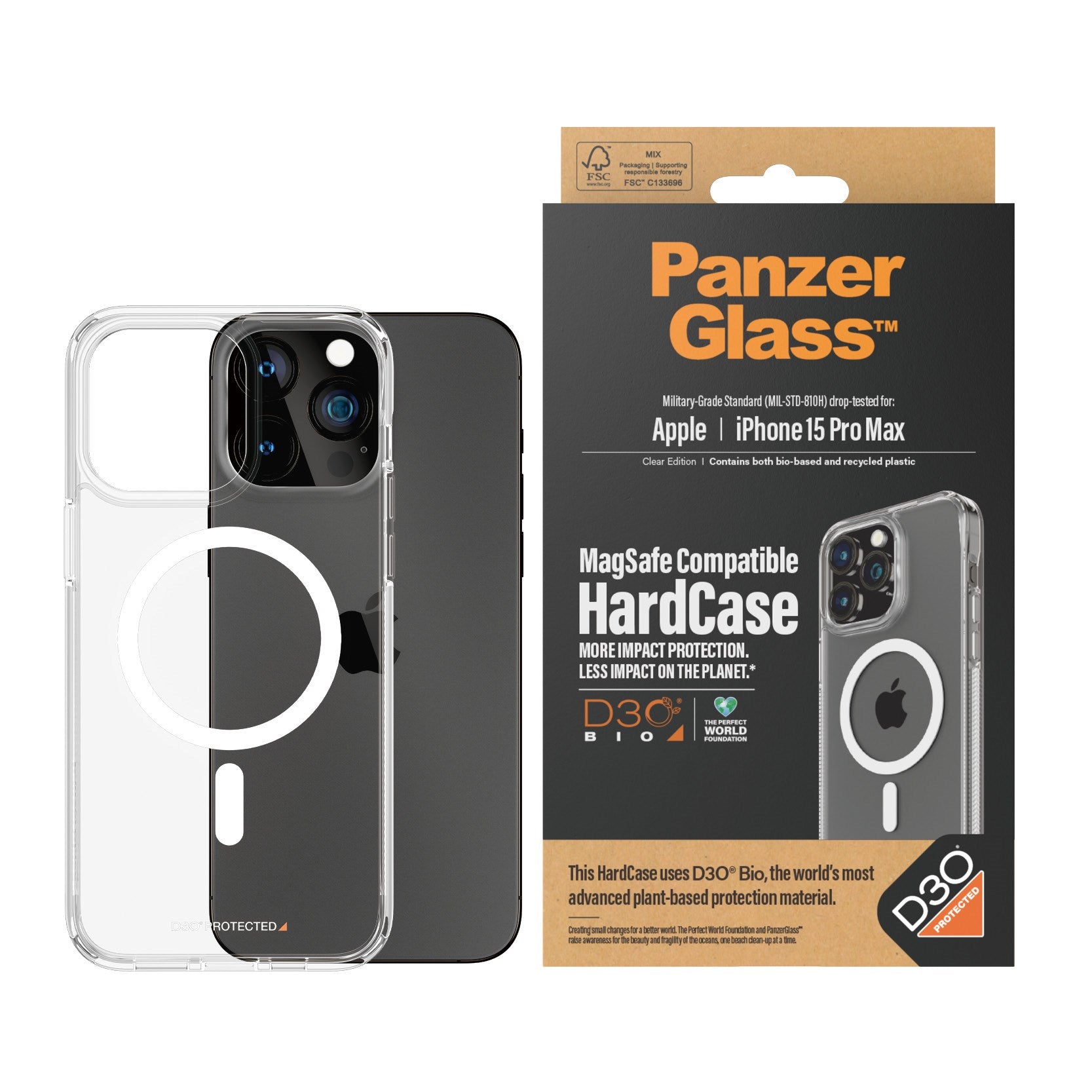 PanzerGlass® HardCase Transparent m. Weiss MagSafe & D3O® iPhone 15 Pro Max