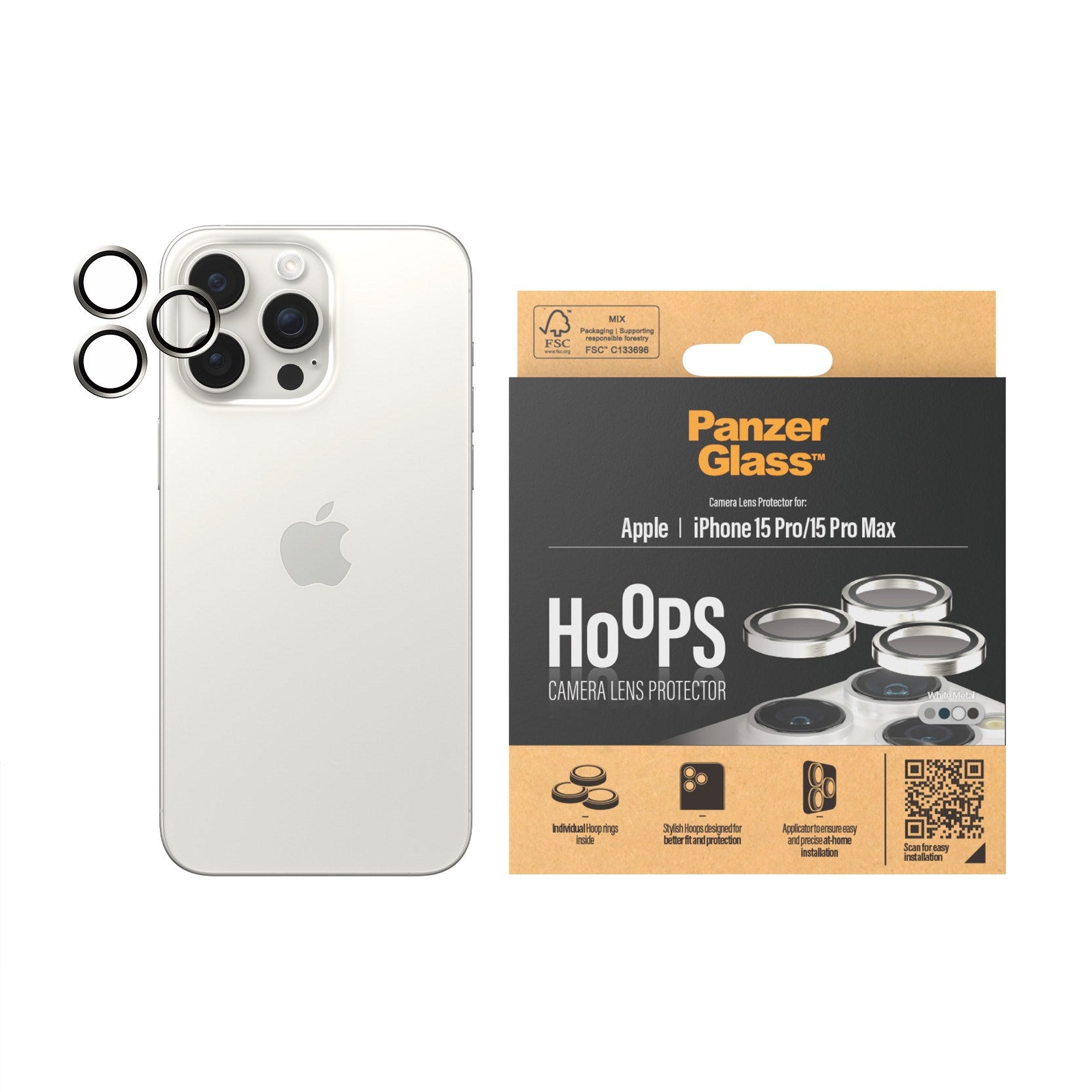 PanzerGlass® Hoops® Weißes Metall Kameraschutz iPhone 15 Pro | 15 Pro Max