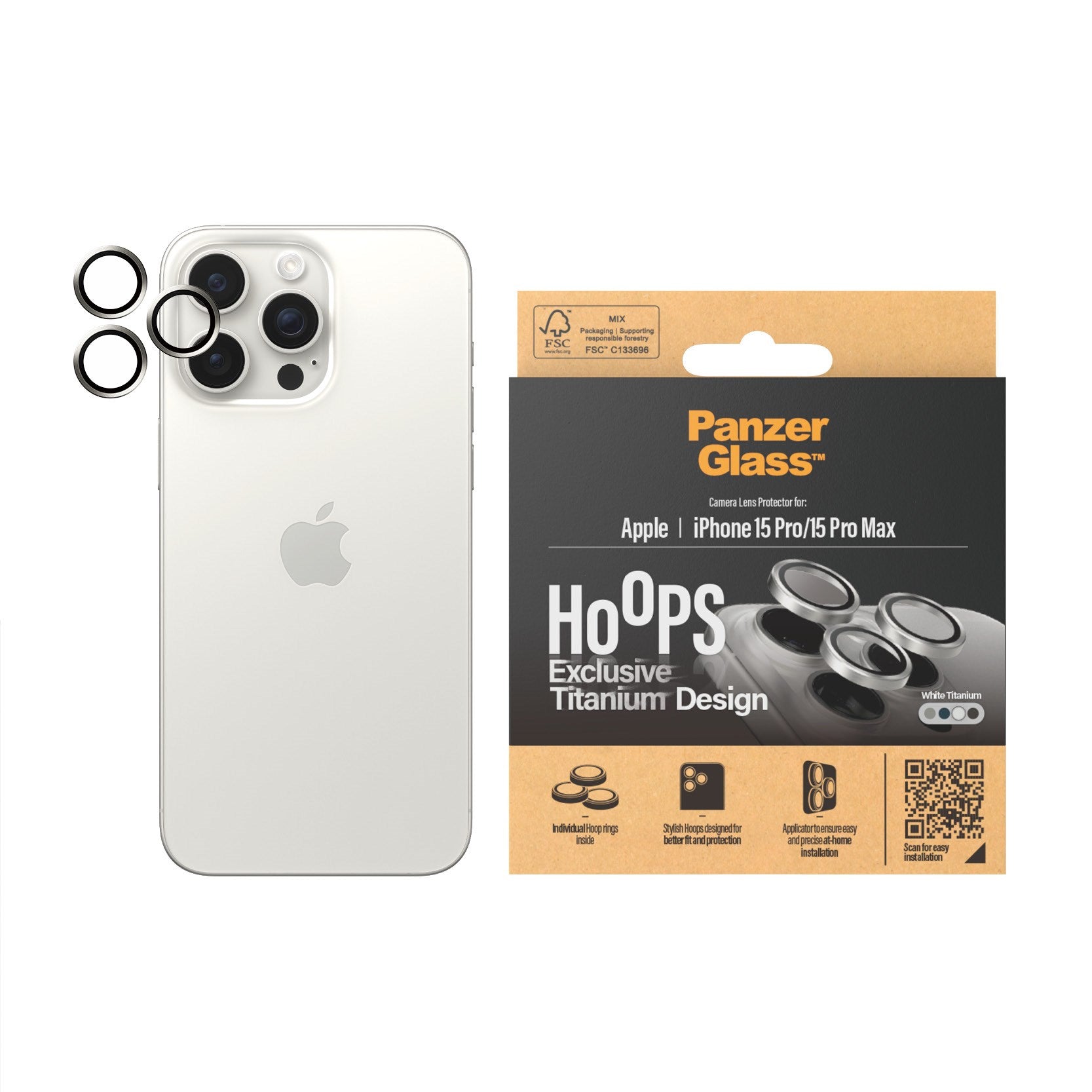 PanzerGlass® Hoops® Weiß Titanium Kameraschutz iPhone 15 Pro | 15 Pro Max