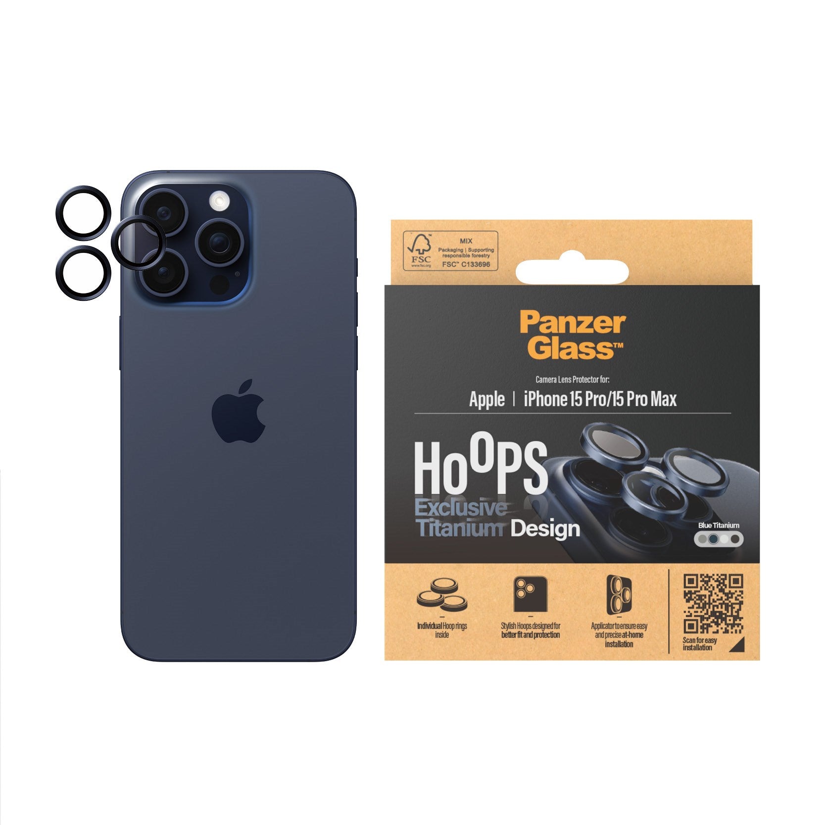PanzerGlass® Hoops® Blau Titanium Kameraschutz iPhone 15 Pro | 15 Pro Max
