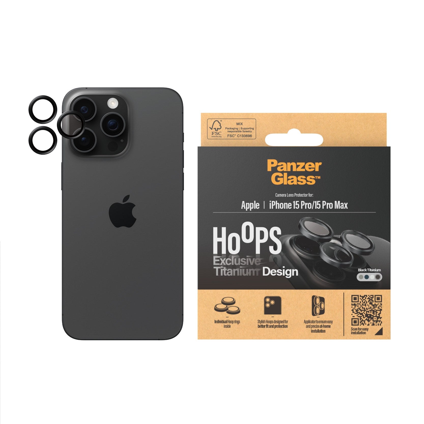 PanzerGlass® Hoops® Schwarz Titanium Kameraschutz iPhone 15 Pro | 15 Pro Max