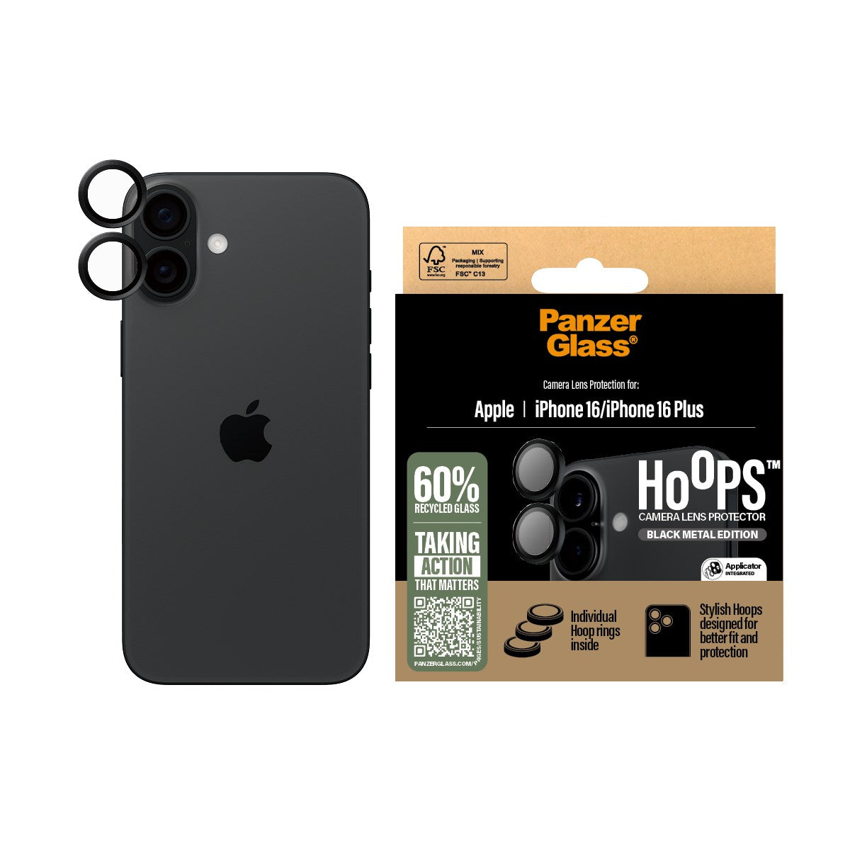 PanzerGlass® Hoops® Schwarz Kameraschutz iPhone 16 | 16 Plus