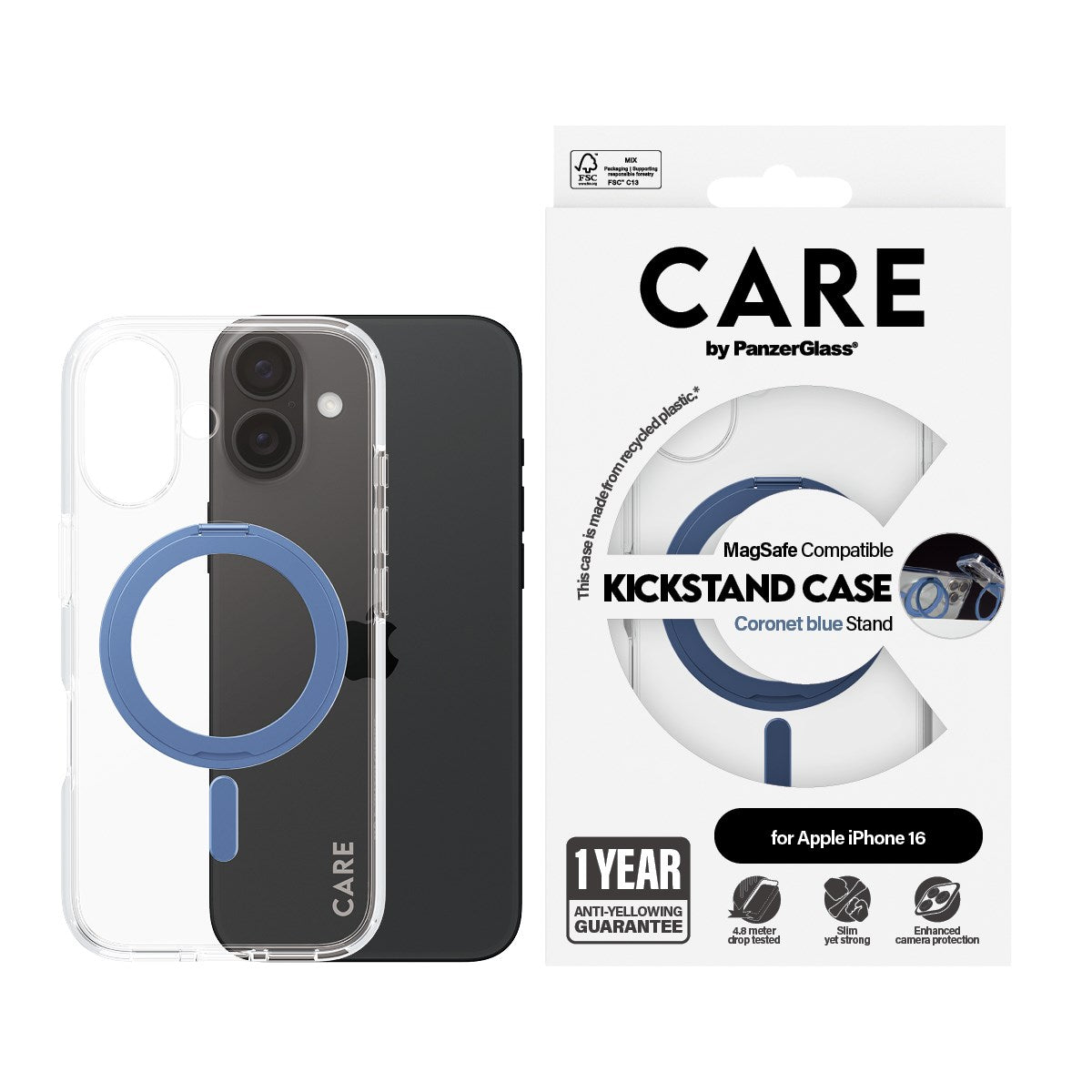 CARE by PanzerGlass® Feature Case Transparent m. Blau Kickstand & MagSafe iPhone 16