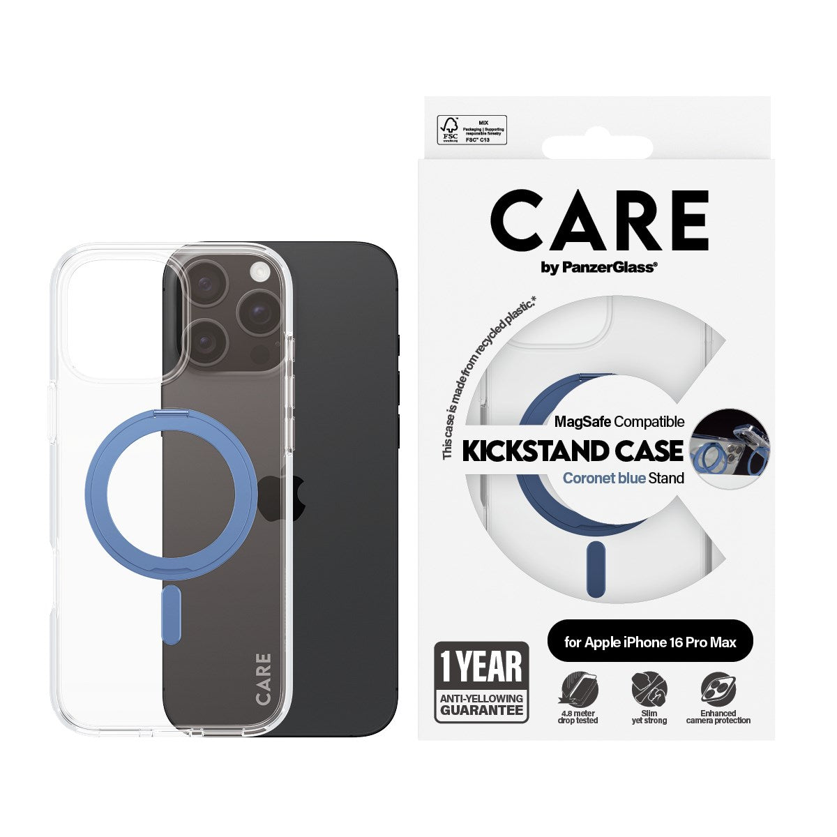 CARE by PanzerGlass® Feature Case Transparent m. Blau Kickstand & MagSafe iPhone 16 Pro Max
