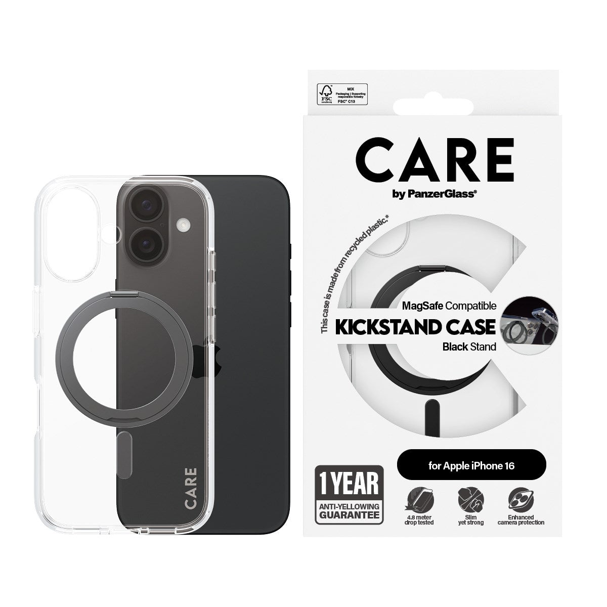 CARE by PanzerGlass® Feature Case Transparent m. Schwarz Kickstand & MagSafe iPhone 16