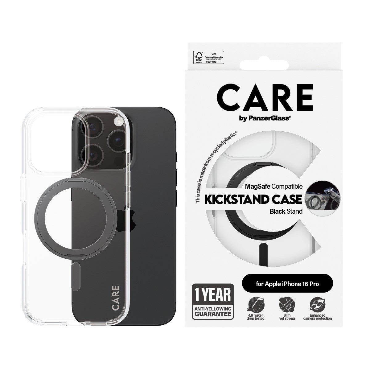 CARE by PanzerGlass® Feature Case Transparent m. Schwarz Kickstand & MagSafe iPhone 16 Pro