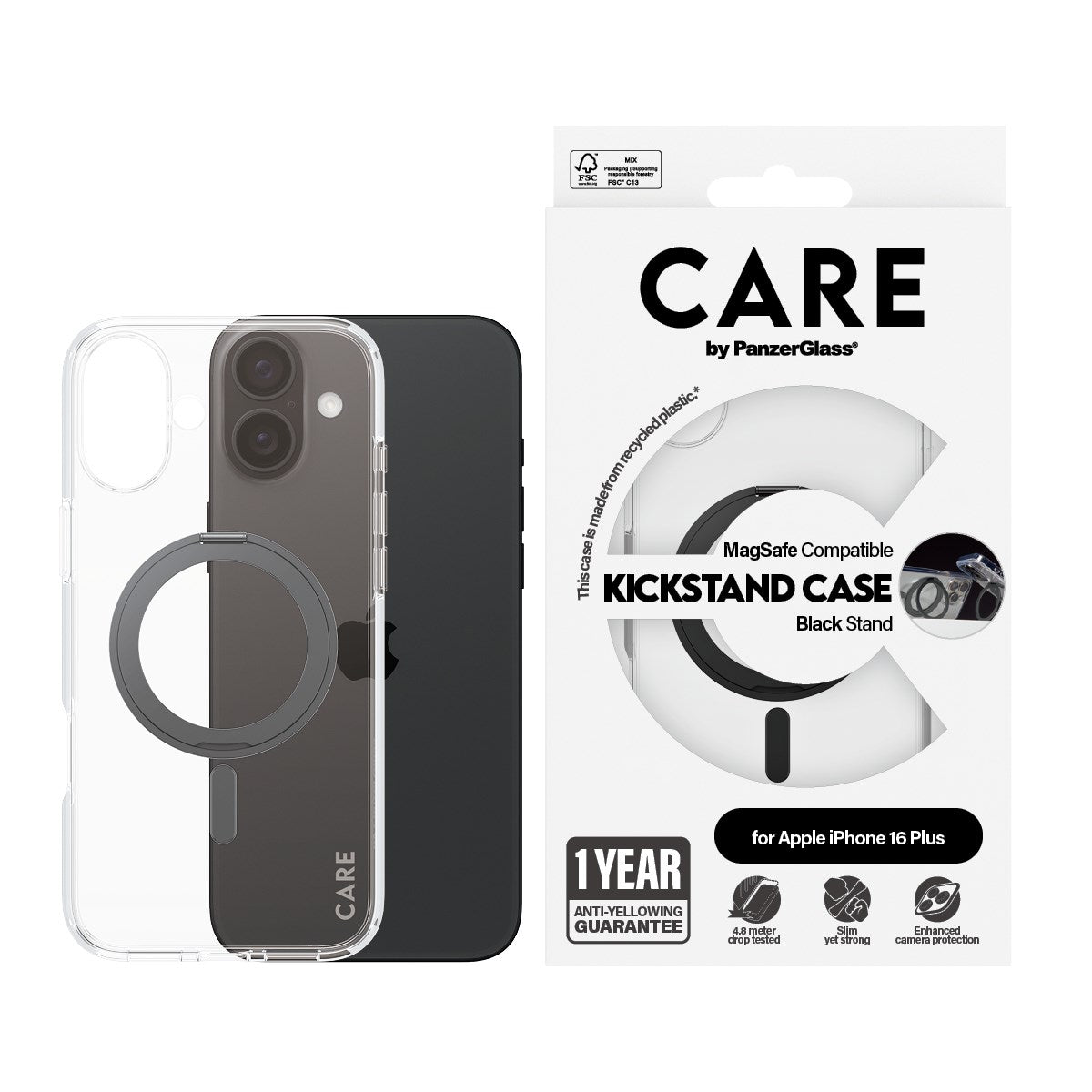CARE by PanzerGlass® Feature Case Transparent m. Schwarz Kickstand & MagSafe iPhone 16 Plus