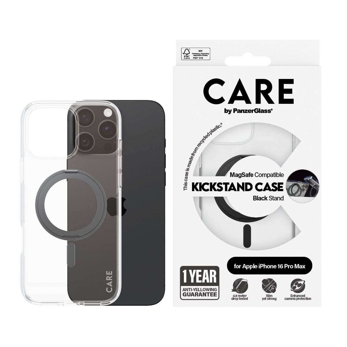 CARE by PanzerGlass® Feature Case Transparent m. Schwarz Kickstand & MagSafe iPhone 16 Pro Max