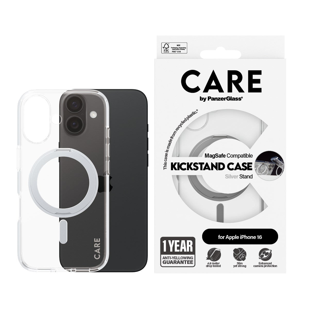 CARE by PanzerGlass® Feature Case Transparent m. Silber Kickstand & MagSafe iPhone 16