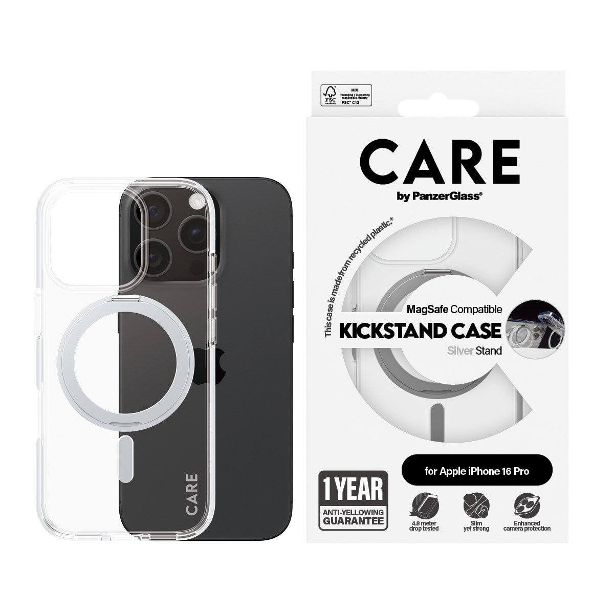 CARE by PanzerGlass® Feature Case Transparent m. Silber Kickstand & MagSafe iPhone 16 Pro
