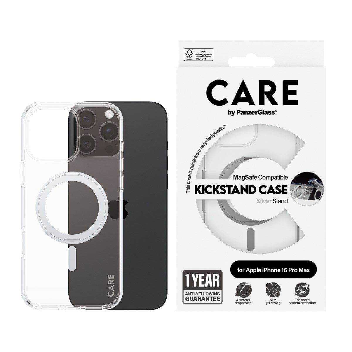 CARE by PanzerGlass® Feature Case Transparent m. Silber Kickstand & MagSafe iPhone 16 Pro Max