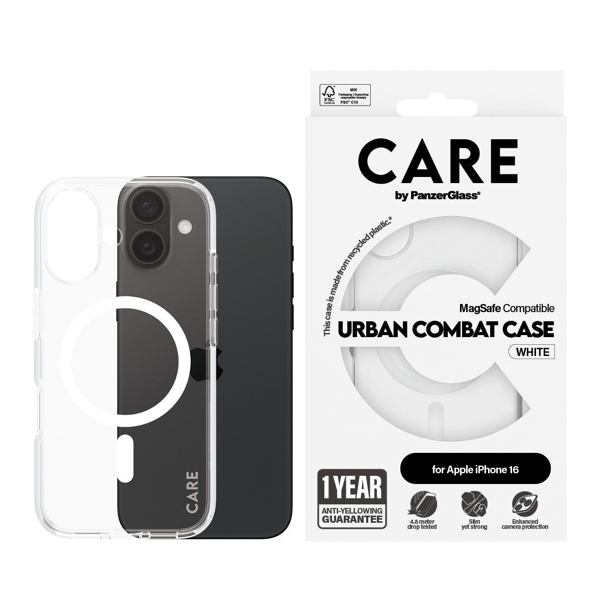 CARE by PanzerGlass® Flagship Case Transparent Urban Combat m. Weiß MagSafe iPhone 16