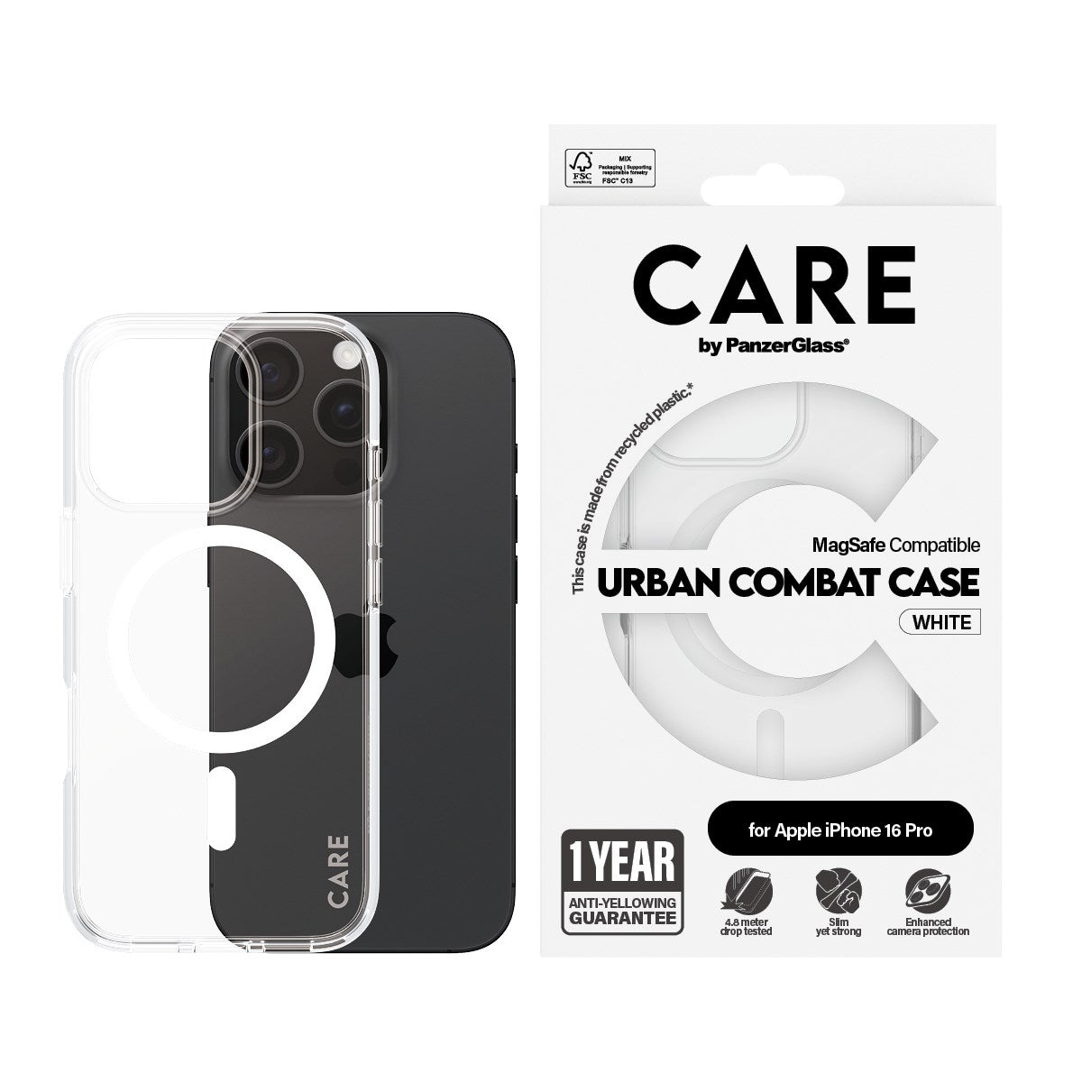 CARE by PanzerGlass® Flagship Case Transparent Urban Combat m. Weiß MagSafe iPhone 16 Pro
