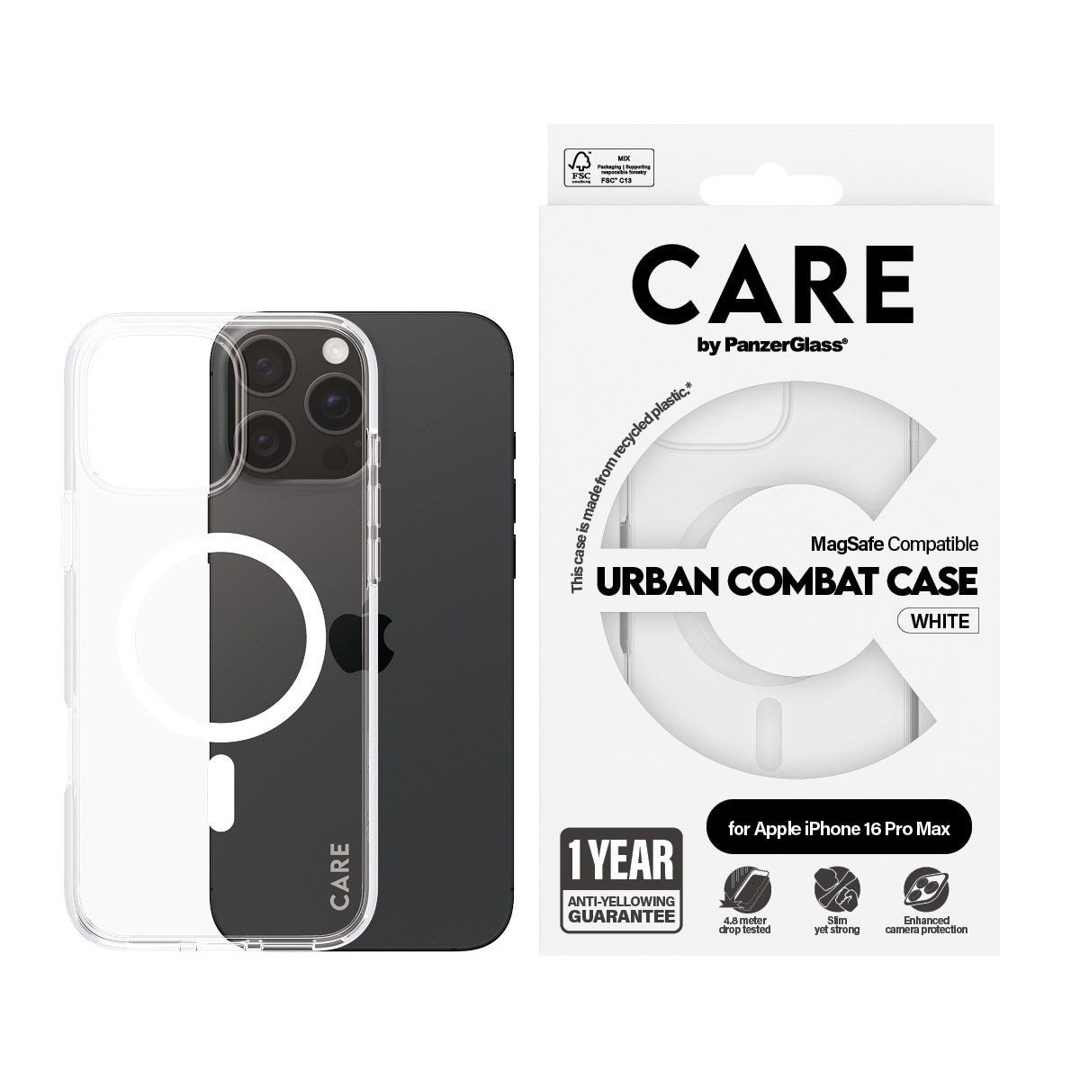CARE by PanzerGlass® Flagship Case Transparent Urban Combat m. Weiß MagSafe iPhone 16 Pro Max