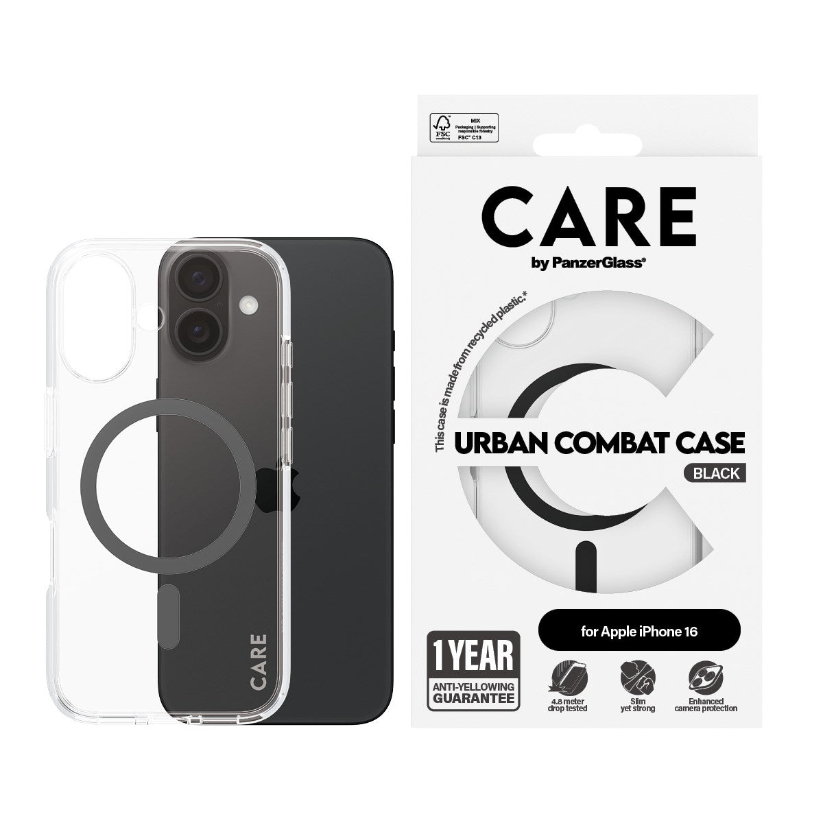 CARE by PanzerGlass® Flagship Case Transparent Urban Combat m. Schwarz MagSafe iPhone 16