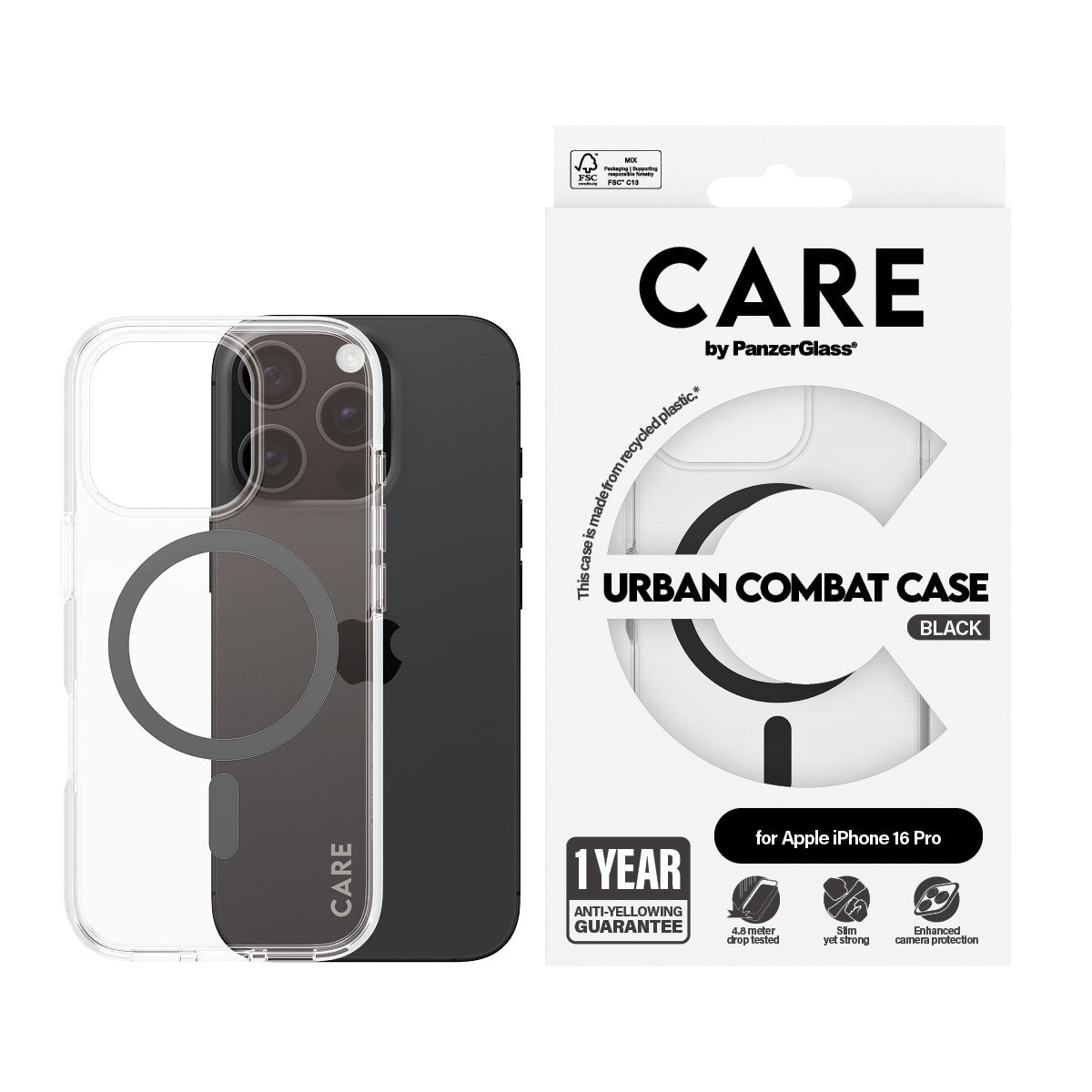 CARE by PanzerGlass® Flagship Case Transparent Urban Combat m. Schwarz MagSafe iPhone 16 Pro