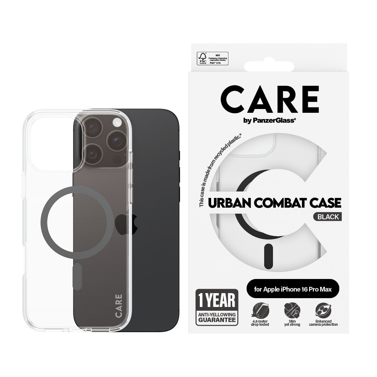 CARE by PanzerGlass® Flagship Case Transparent Urban Combat m. Schwarz MagSafe iPhone 16 Pro Max