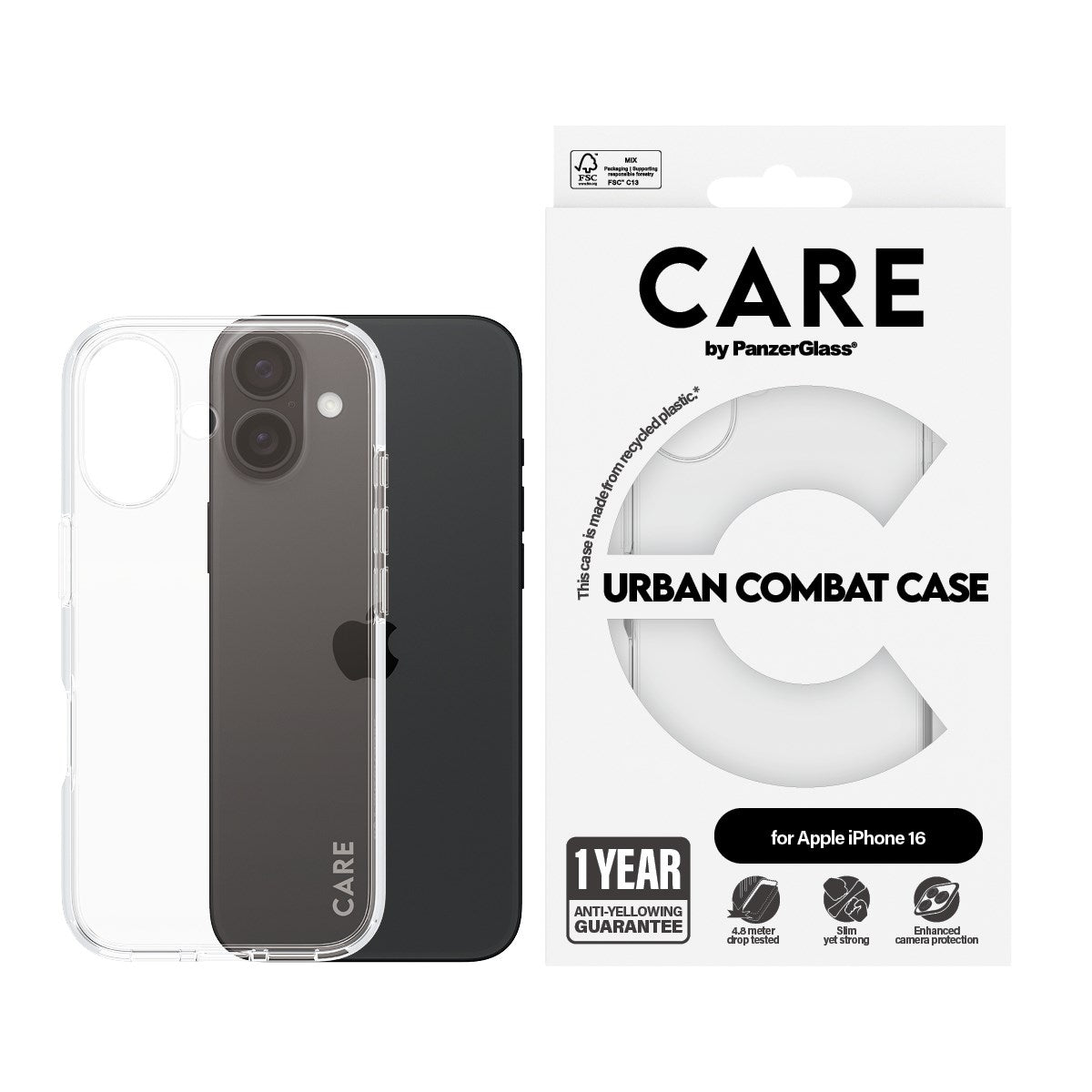 CARE by PanzerGlass® Flagship Case Transparent Urban Combat m. Klarer Rahmen iPhone 16