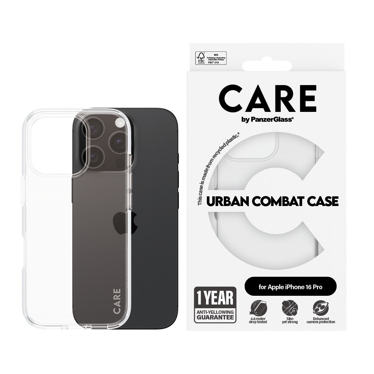 CARE by PanzerGlass® Flagship Case Transparent Urban Combat m. Klarer Rahmen iPhone 16 Pro