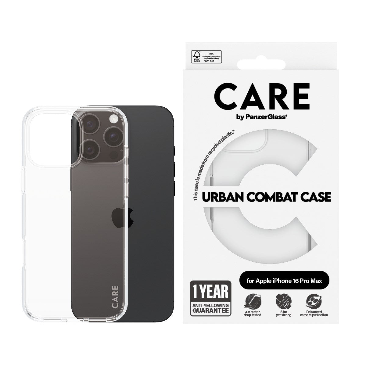 CARE by PanzerGlass® Flagship Case Transparent Urban Combat m. Klarer Rahmen iPhone 16 Pro Max