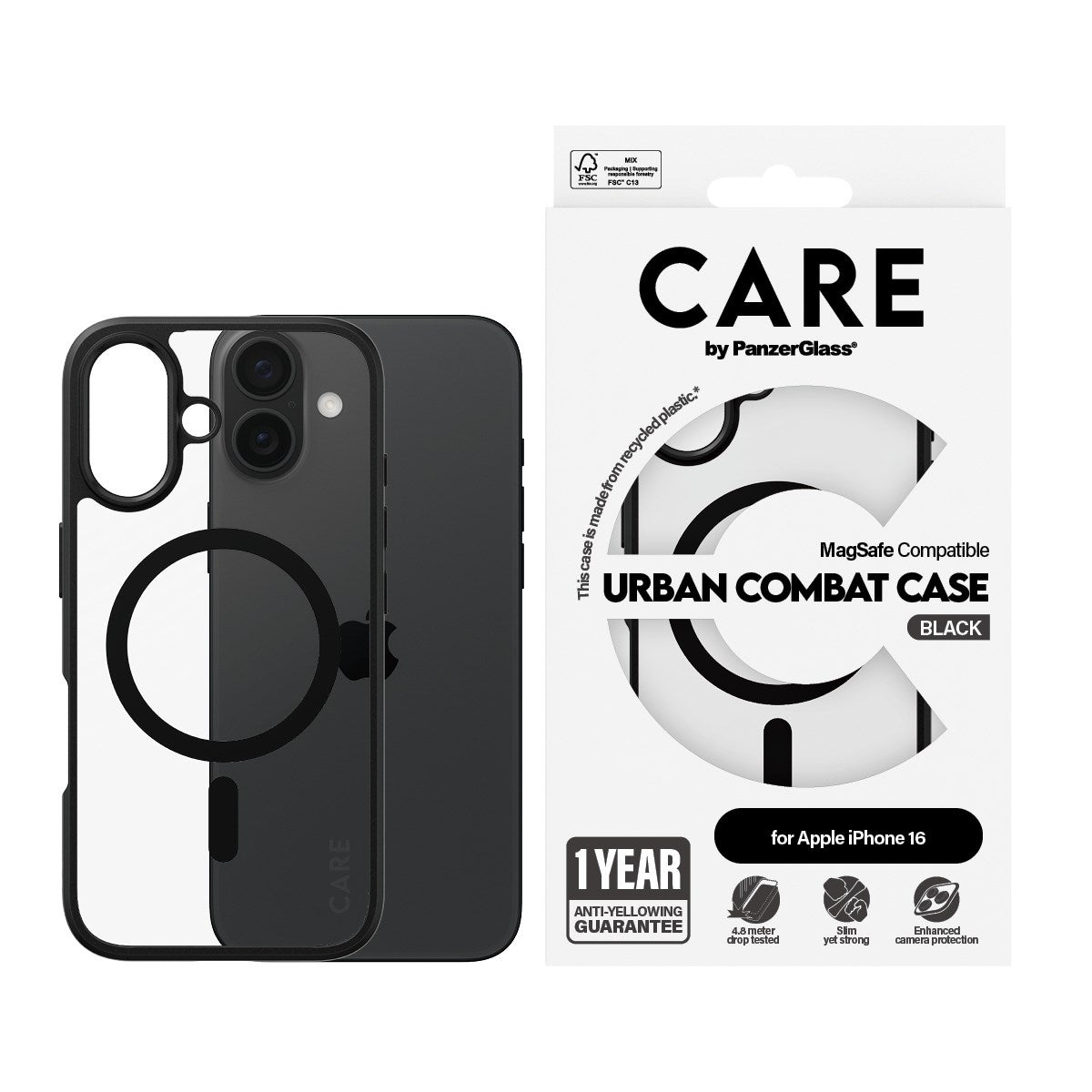 CARE by PanzerGlass® Flagship Case Transparent Urban Combat m. Schwarz Rahmen & MagSafe iPhone 16