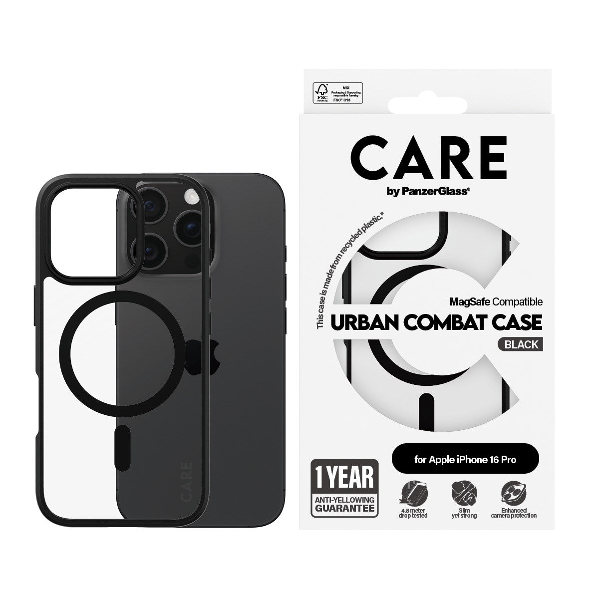 CARE by PanzerGlass® Flagship Case Transparent Urban Combat m. Schwarz Rahmen & MagSafe iPhone 16 Pro