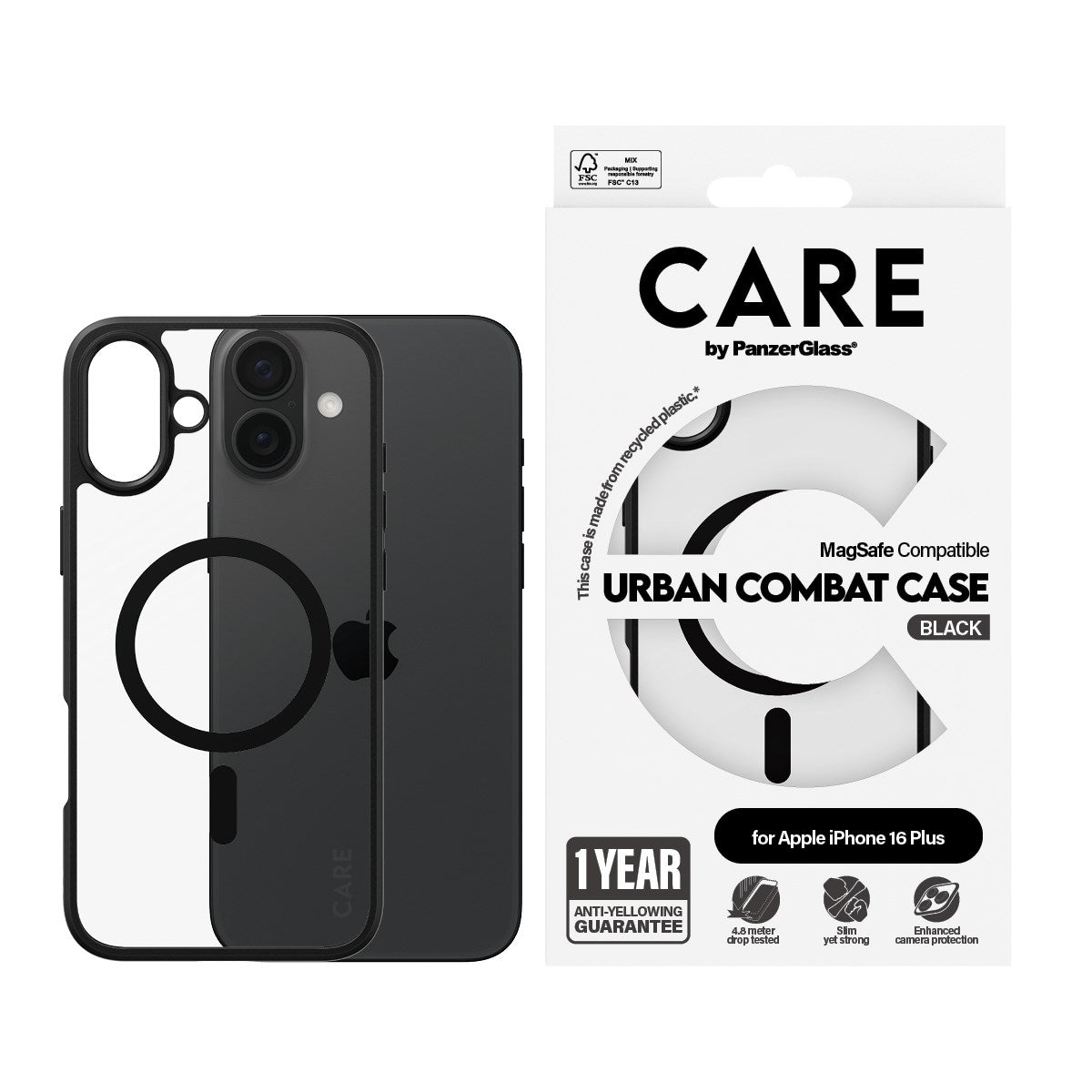 CARE by PanzerGlass® Flagship Case Transparent Urban Combat m. Schwarz Rahmen & MagSafe iPhone 16 Plus