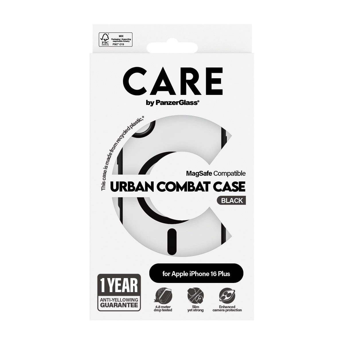 CARE by PanzerGlass® Flagship Case Transparent Urban Combat m. Schwarz Rahmen & MagSafe iPhone 16 Plus