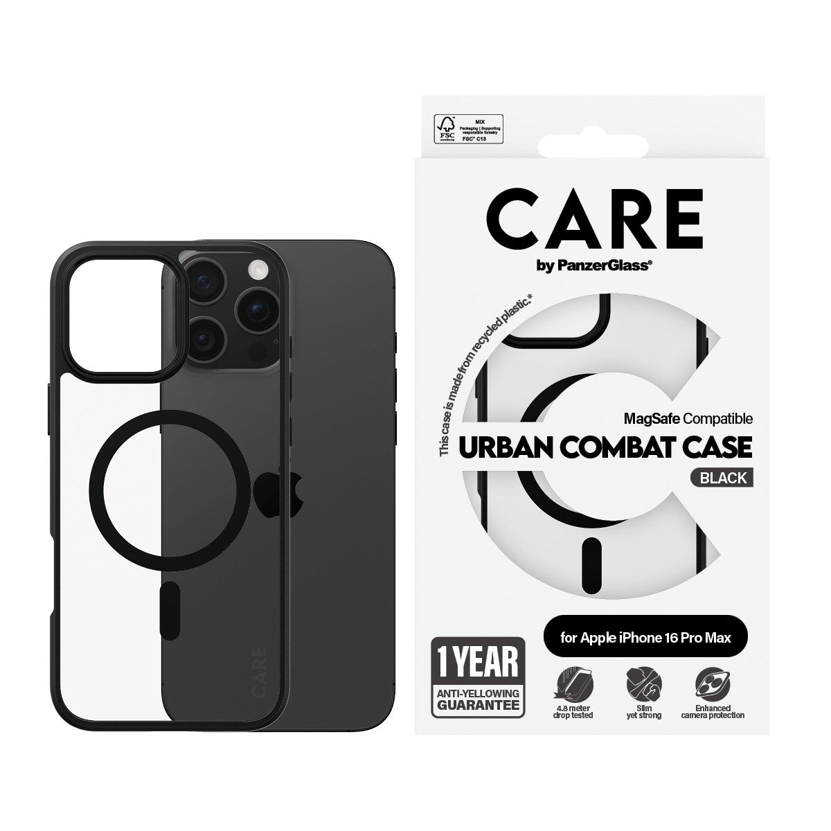 CARE by PanzerGlass® Flagship Case Transparent Urban Combat m. Schwarz Rahmen & MagSafe iPhone 16 Pro Max