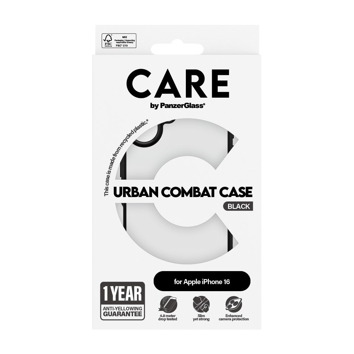 CARE by PanzerGlass® Flagship Case Transparent Urban Combat m. Schwarz Rahmen iPhone 16