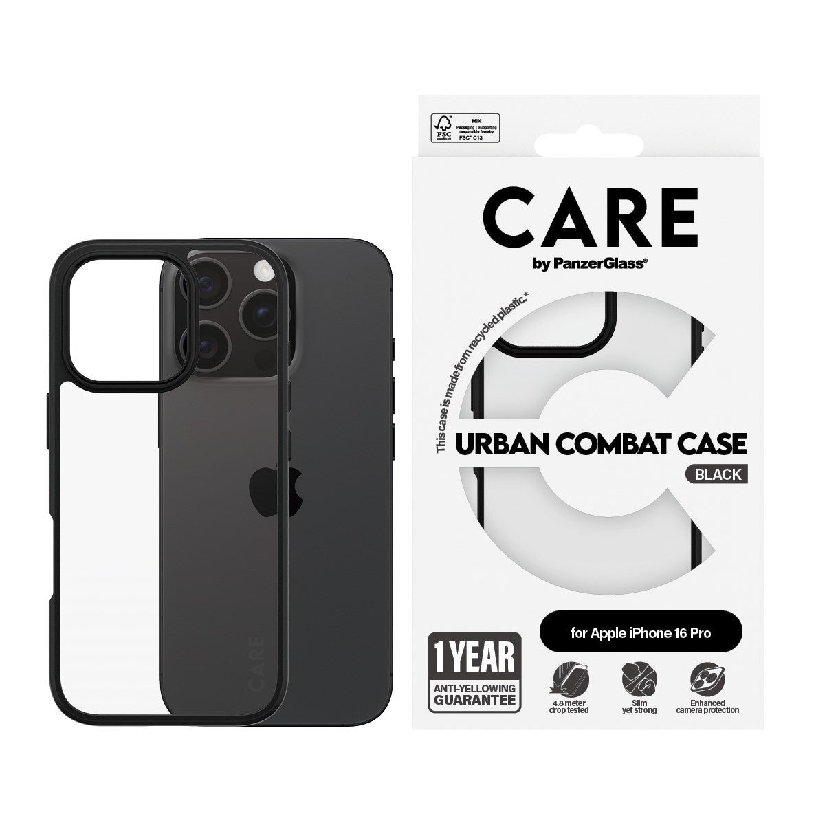 CARE by PanzerGlass® Flagship Case Transparent Urban Combat m. Schwarz Rahmen iPhone 16 Pro