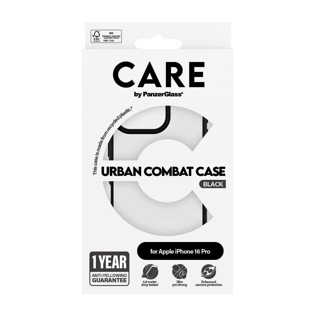 CARE by PanzerGlass® Flagship Case Transparent Urban Combat m. Schwarz Rahmen iPhone 16 Pro