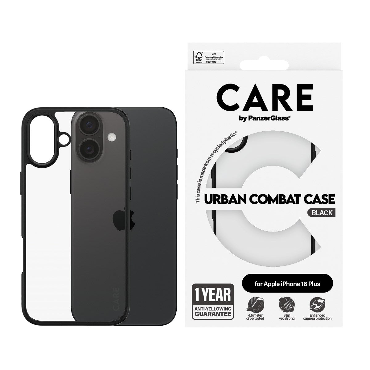 CARE by PanzerGlass® Flagship Case Transparent Urban Combat m. Schwarz Rahmen iPhone 16 Plus