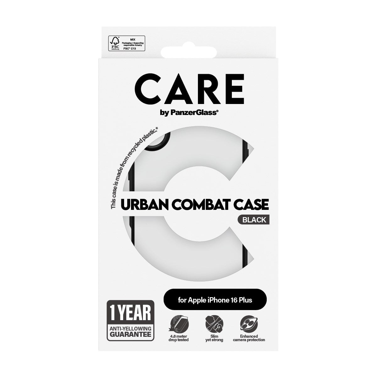 CARE by PanzerGlass® Flagship Case Transparent Urban Combat m. Schwarz Rahmen iPhone 16 Plus