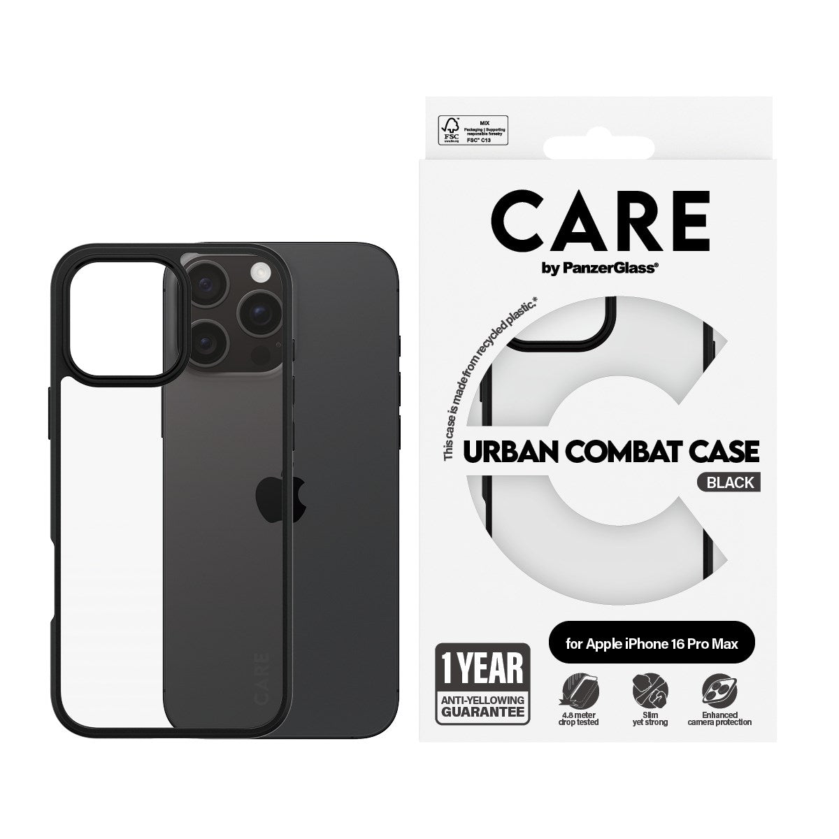 CARE by PanzerGlass® Flagship Case Transparent Urban Combat m. Schwarz Rahmen iPhone 16 Pro Max