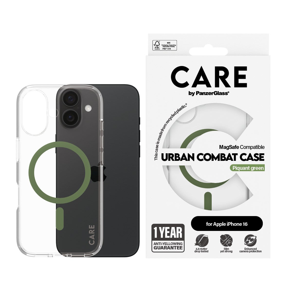 CARE by PanzerGlass® Flagship Case Transparent Urban Combat m. Grün MagSafe iPhone 16