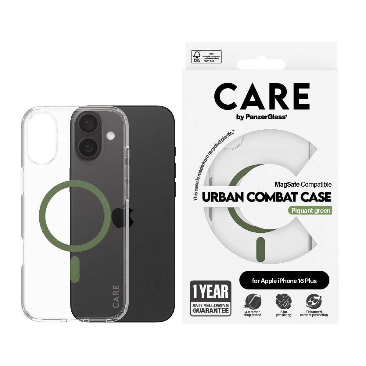 CARE by PanzerGlass® Flagship Case Transparent Urban Combat m. Grün MagSafe iPhone 16 Plus