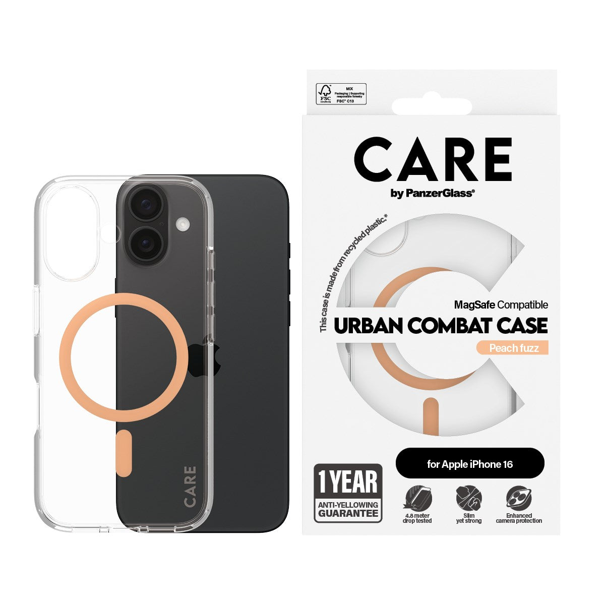 CARE by PanzerGlass® Flagship Case Transparent Urban Combat m. Peachy MagSafe iPhone 16