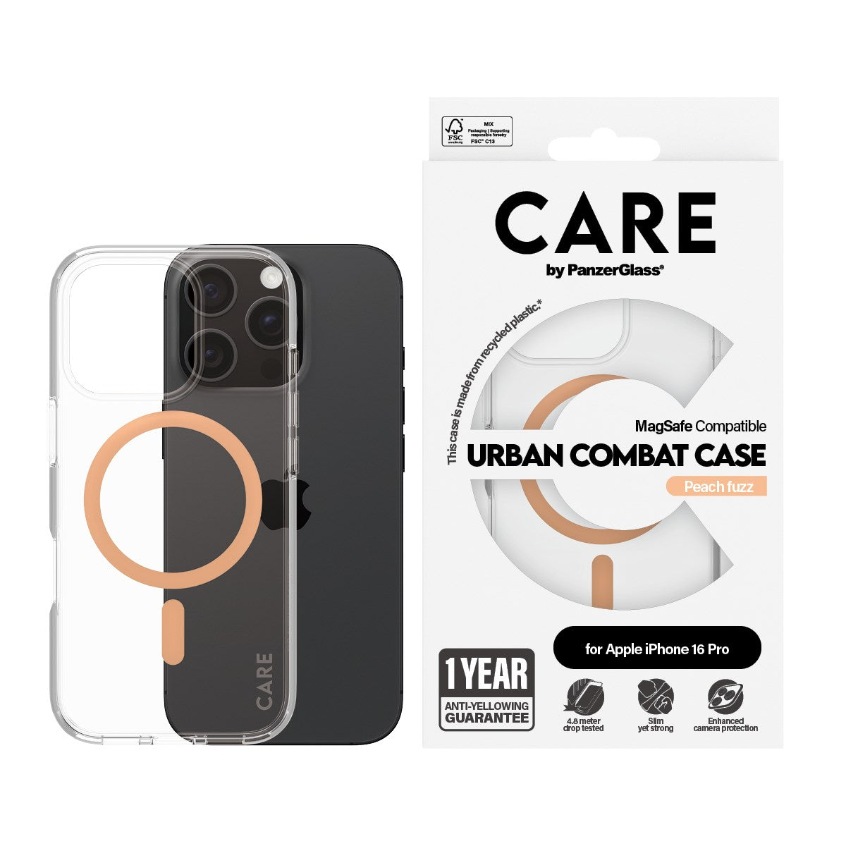 CARE by PanzerGlass® Flagship Case Transparent Urban Combat m. Peachy MagSafe iPhone 16 Pro