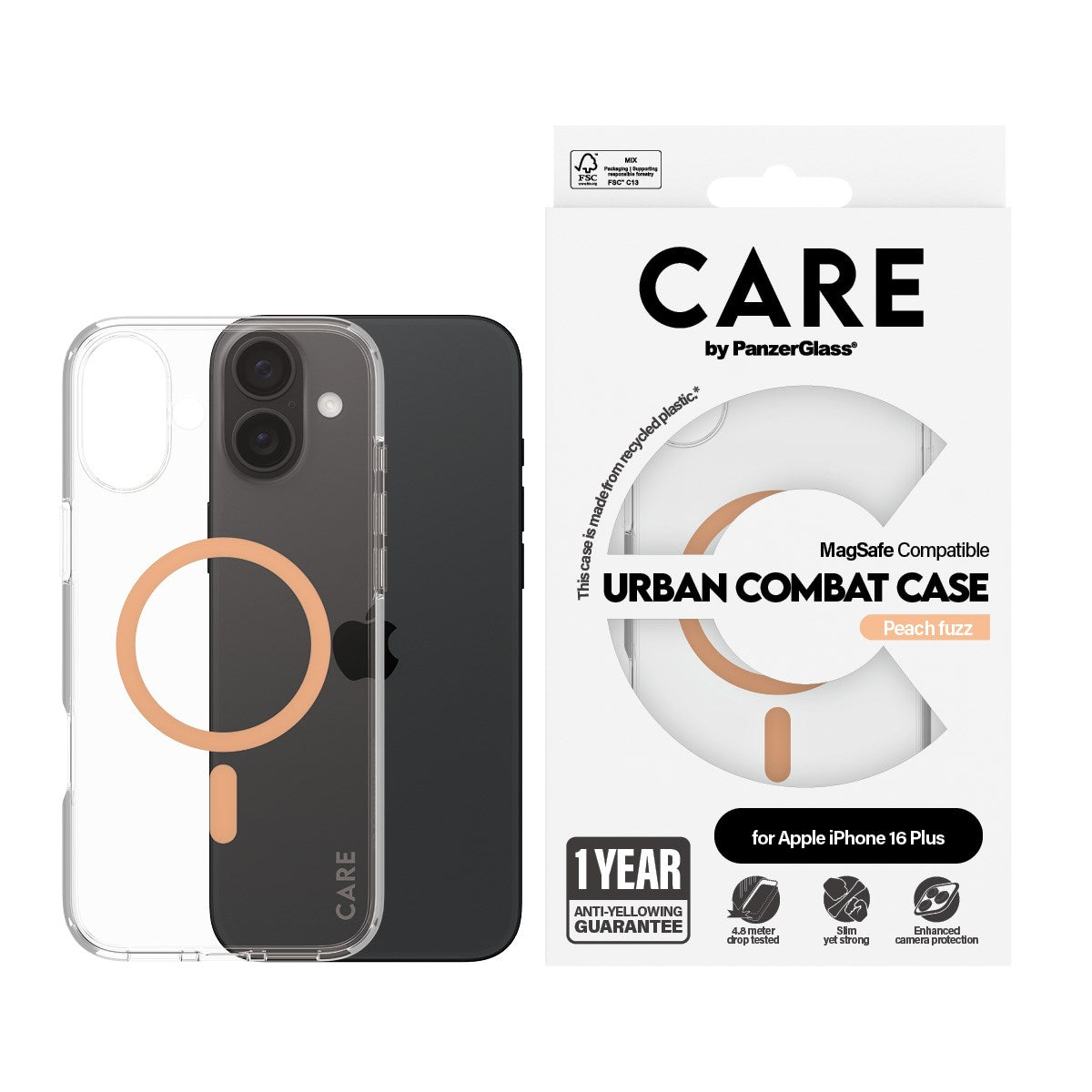 CARE by PanzerGlass® Flagship Case Transparent Urban Combat m. Peachy MagSafe iPhone 16 Plus
