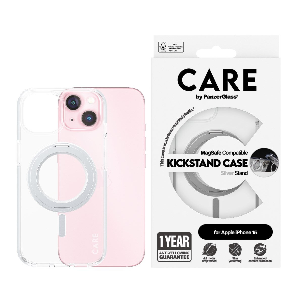 CARE by PanzerGlass® Feature Case Transparent m. Silber Kickstand & MagSafe iPhone 15
